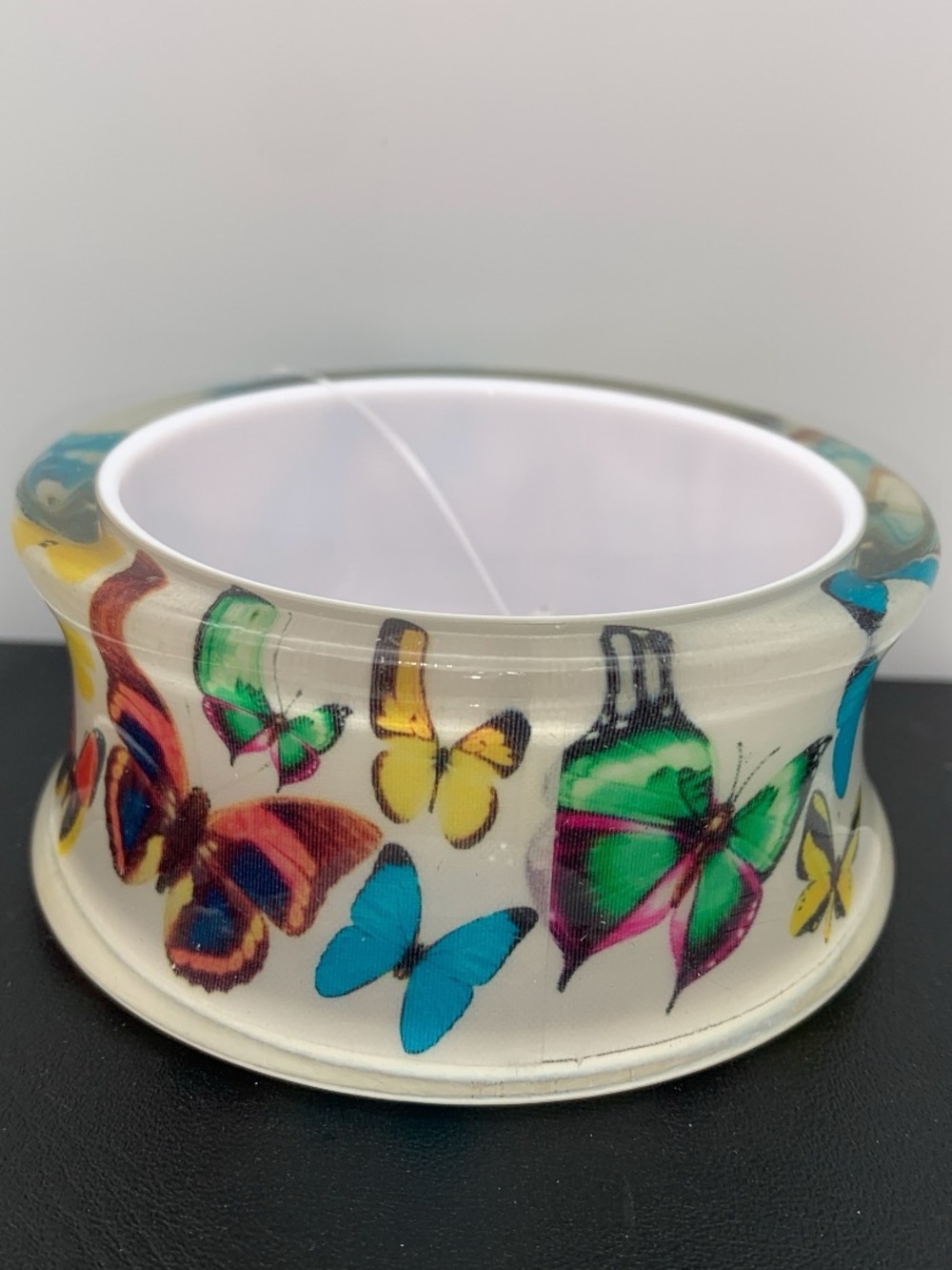 Chunky curved acrylic Colorful Butterfly Print Wide Bangle Bracelet - White